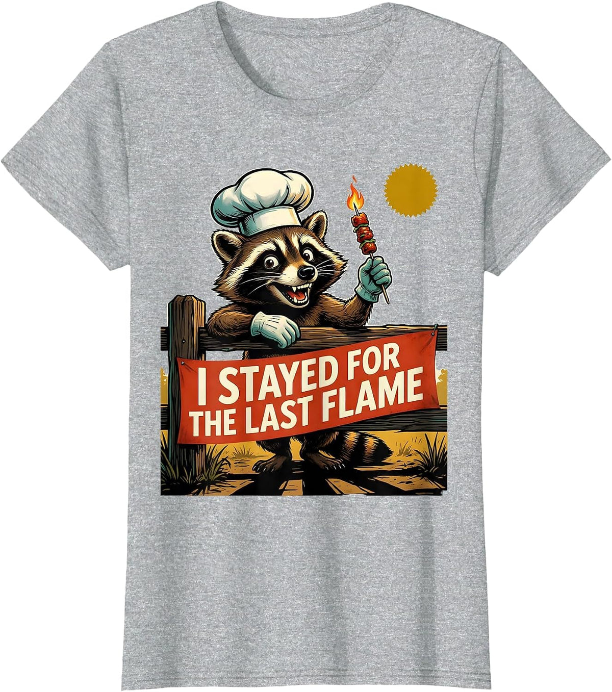 I Stayed For The Last Flame Retro Chef Raccoon BBQ Mascot T-Shirt - Heather Grey