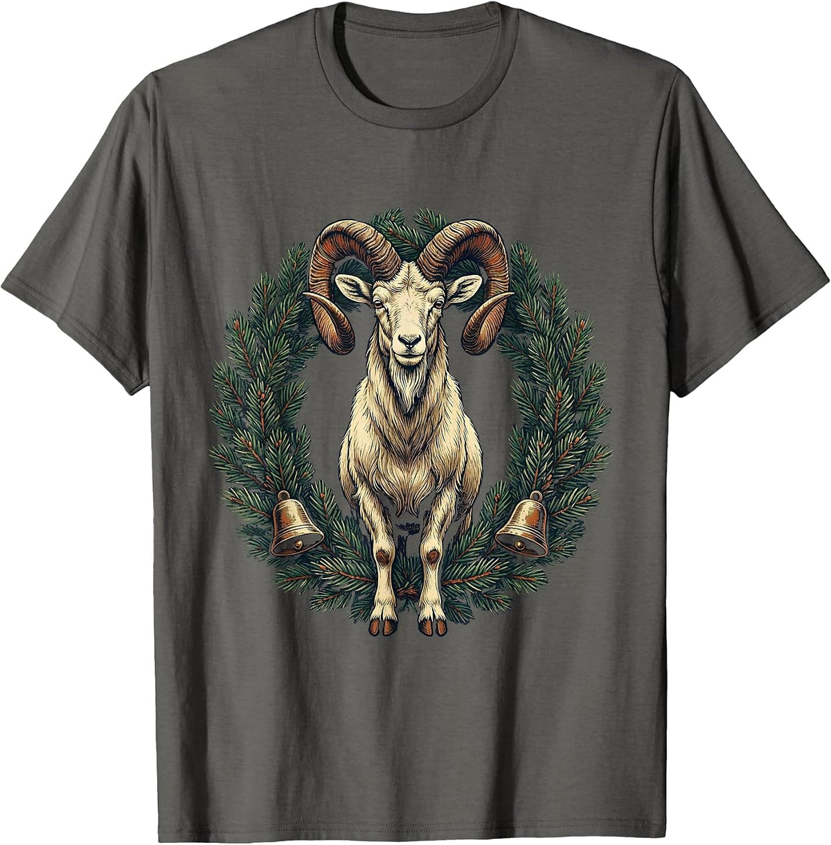 Men's Vintage Holiday Goat Tree Topper Novelty Christmas T-Shirt - Asphalt Grey