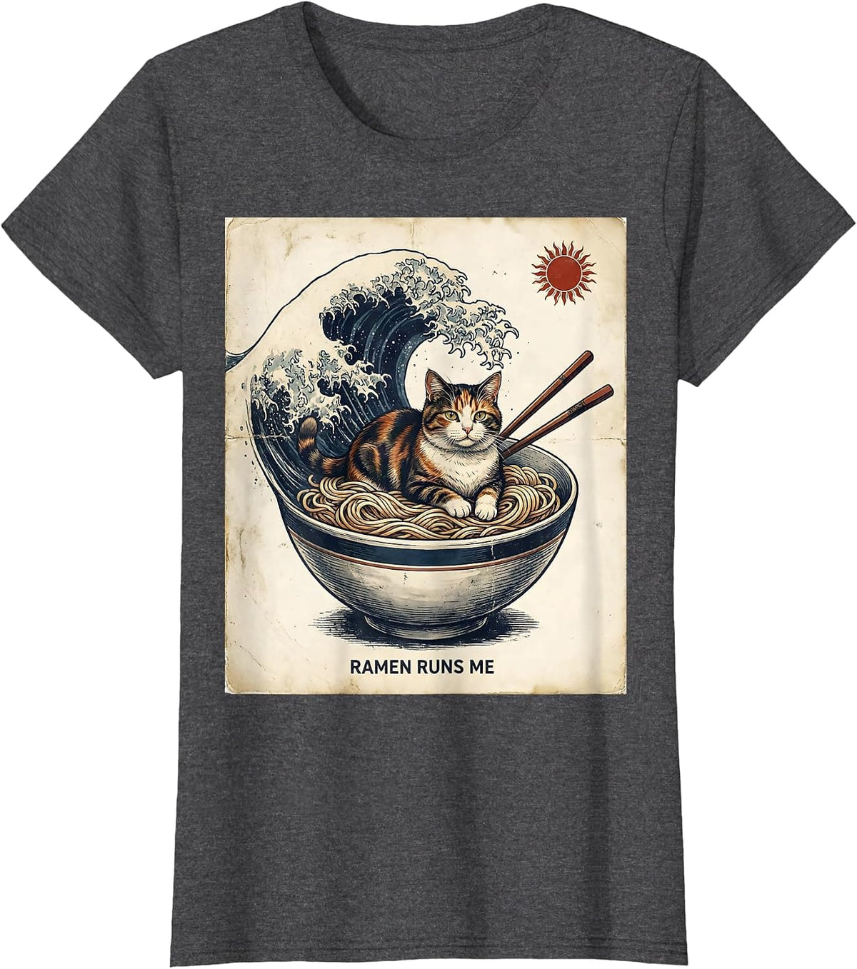 Women's Ramen Runs Me Vintage Anime Cat Novelty Humor T-Shirt - Dark Heather Grey