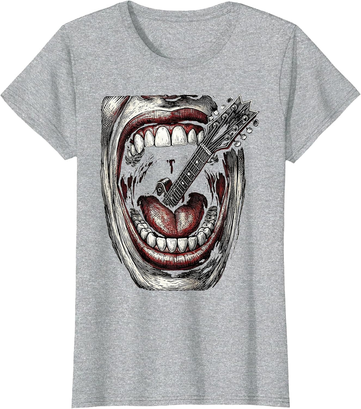 Women's Rock and Roll Screaming Mouth Electric Guitar Art T-Shirt - Heather Grey