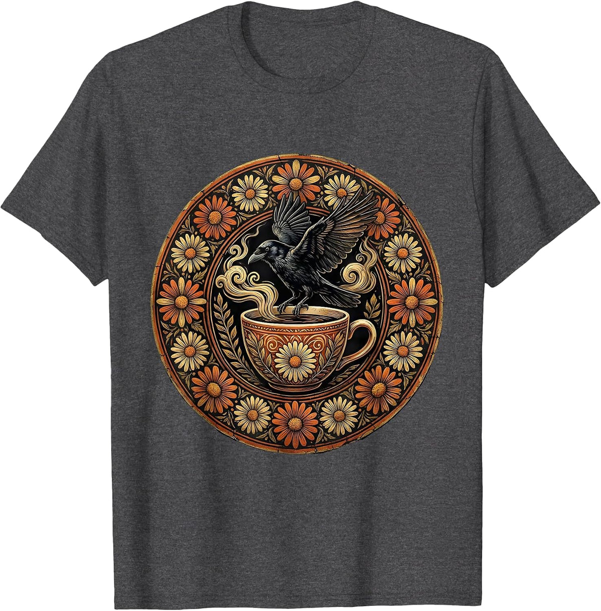 Crow Landing on Coffee Cup Illustration T-Shirt - Dark Heather Grey