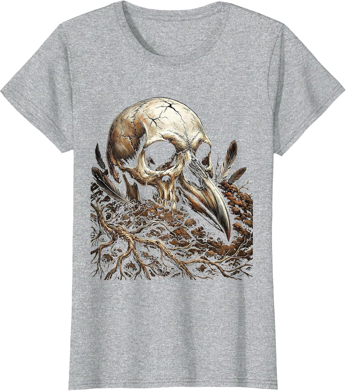 Crow Skull Half Buried in Dirt Dark Gothic Art T-Shirt - Heather Grey