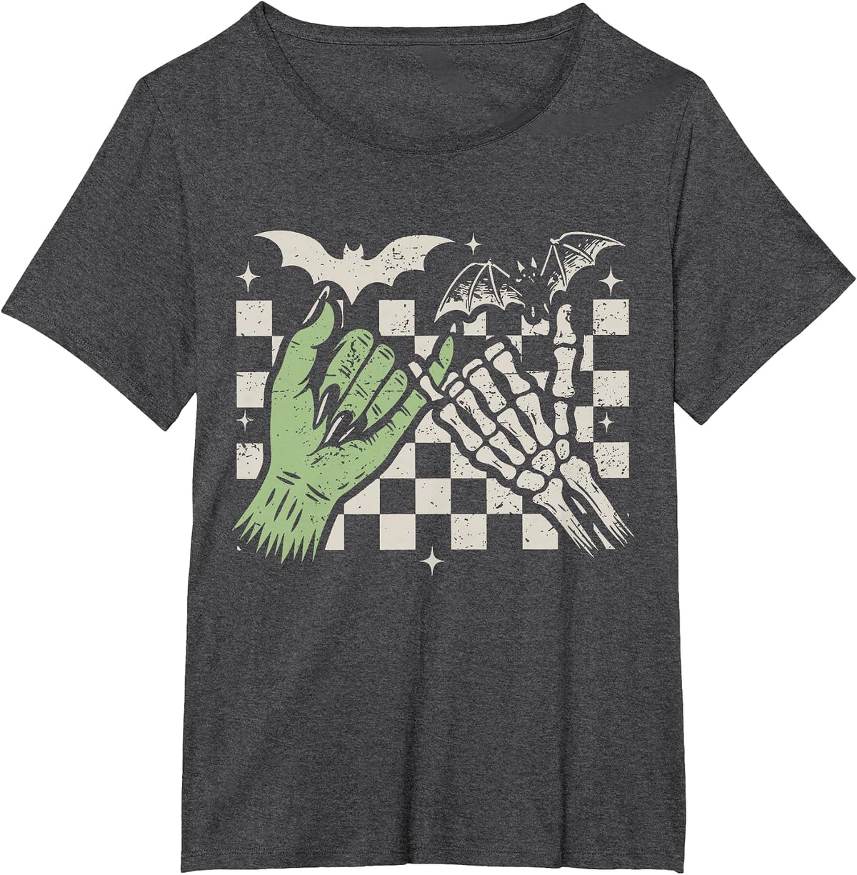 Retro Checkered Pinky Promise Witch Skeleton Halloween T-Shirt - Dark Heather Grey
