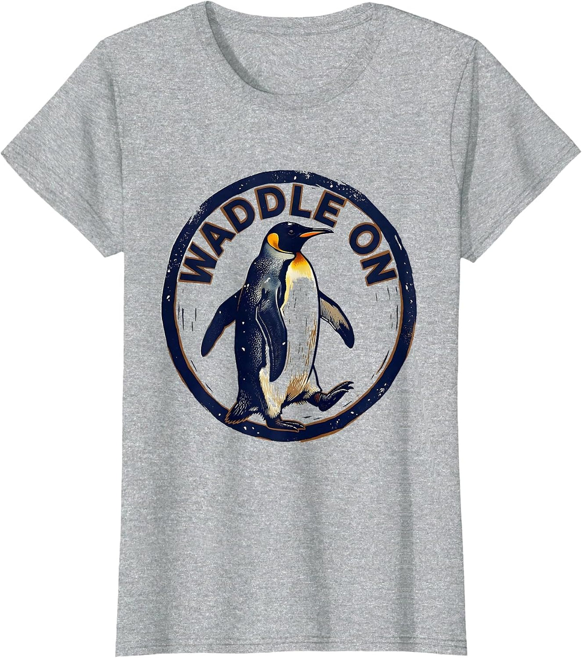 Waddle On Linocut Penguin Lover Humor Animal Enthusiast T-Shirt - Heather Grey