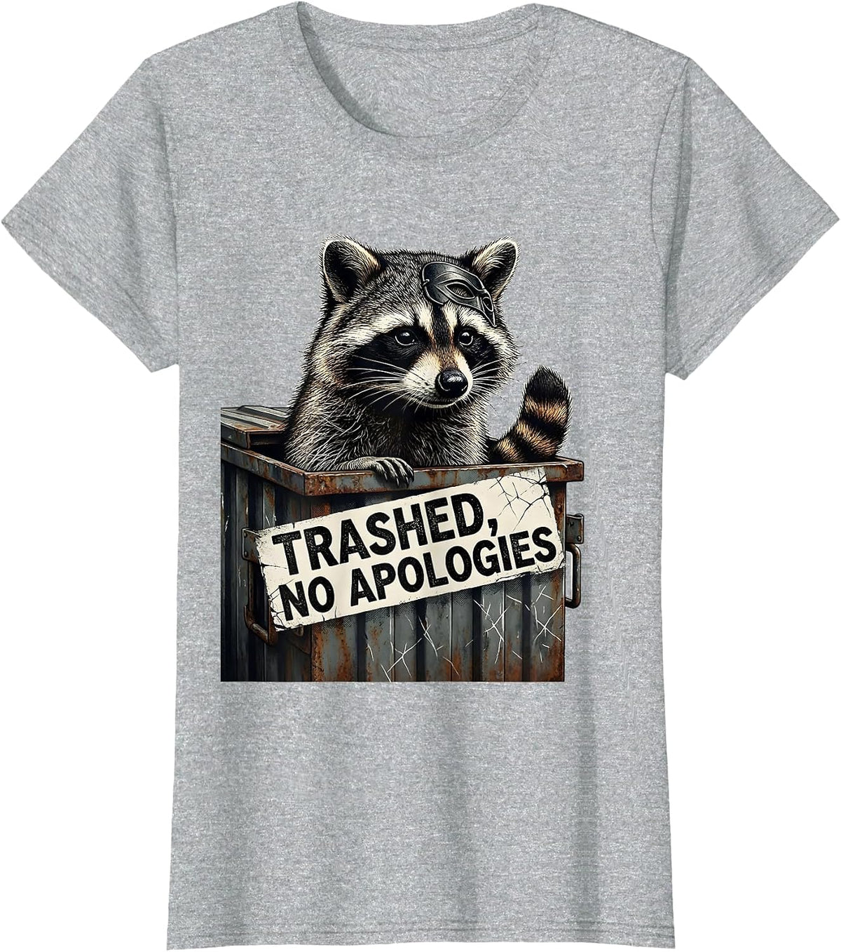 Women's Trashed No Apologies Distressed Raccoon Humor T-Shirt - Heather Grey