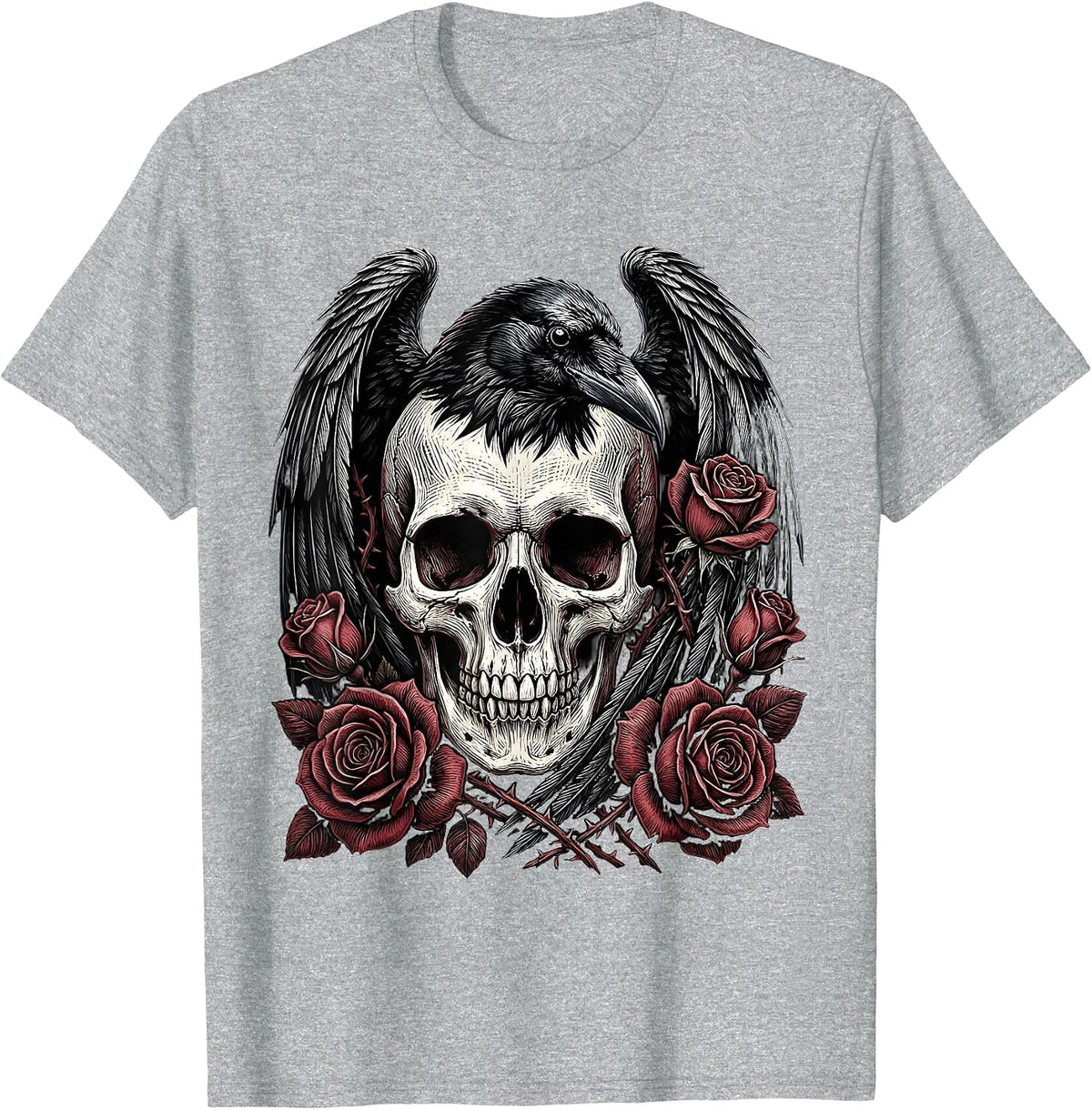 Raven Skull With Feathers and Roses Gothic Art T-Shirt - Heather Grey