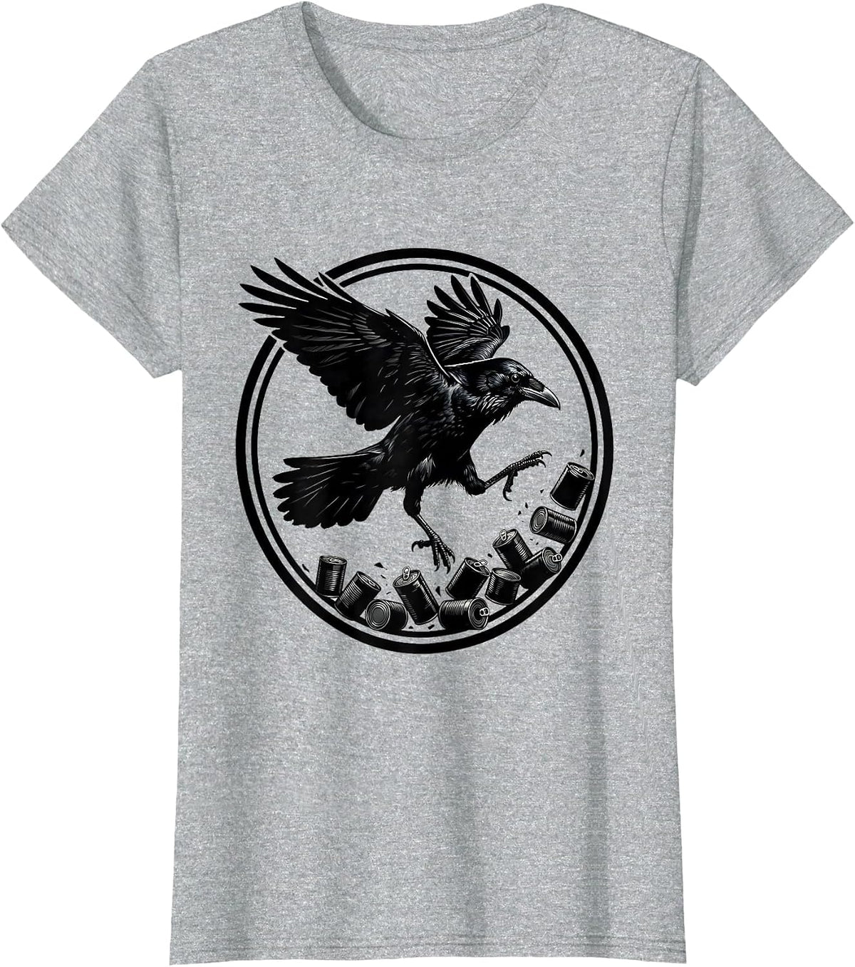 Crow Kicking Over Tin Cans Funny Bird Art T-Shirt - Heather Grey