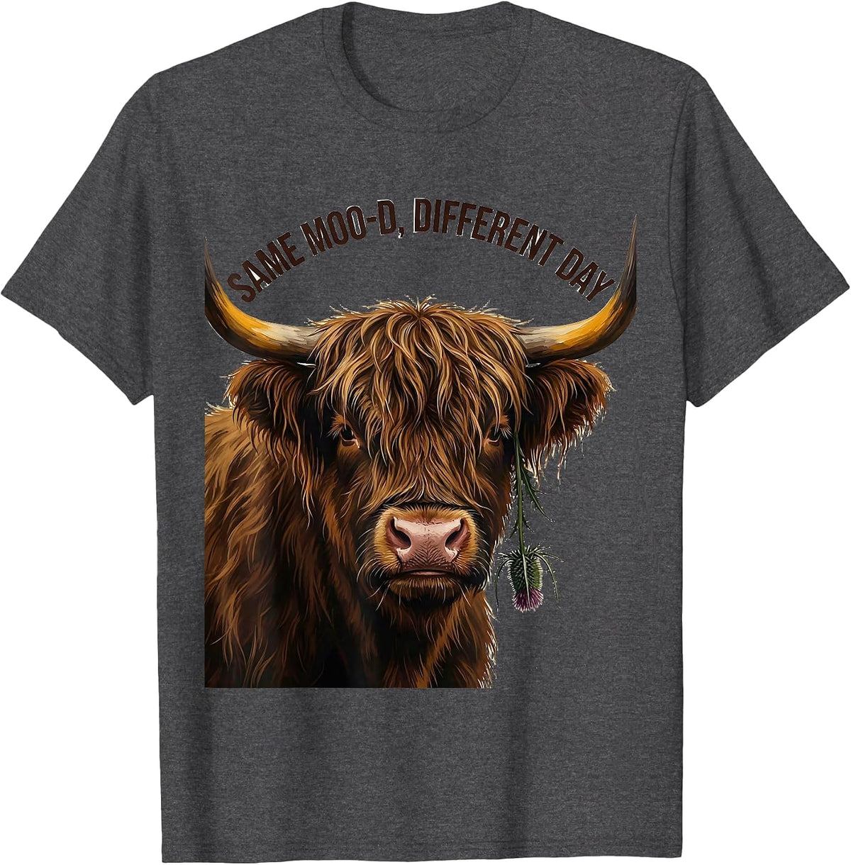 Men's Same Moo-D, Different Day Funny Highland Cow Farm Animal T-Shirt - Dark Heather Grey