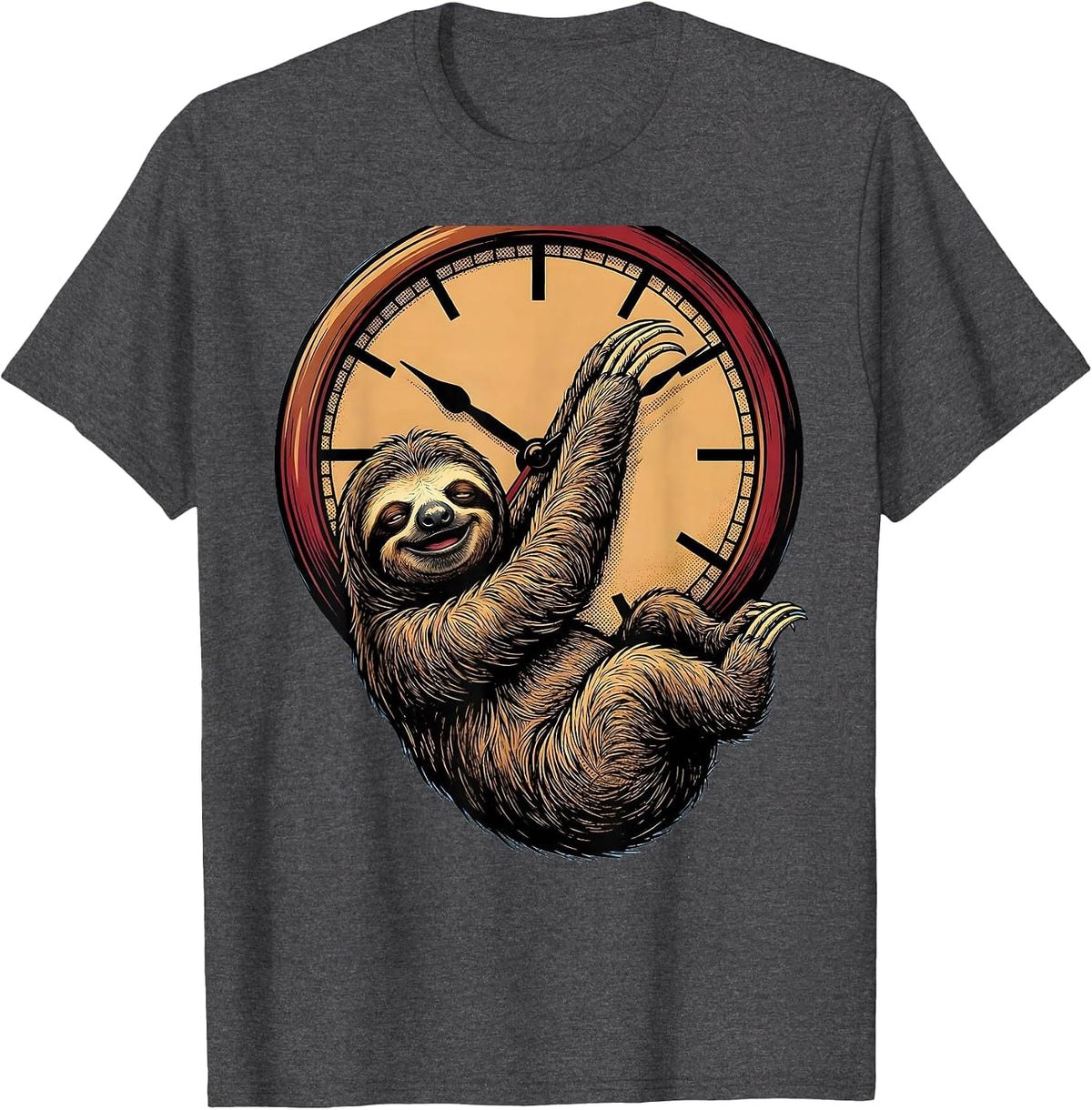 Men's Funny Sloth Hanging From Clock Hands T-Shirt - Dark Heather Grey