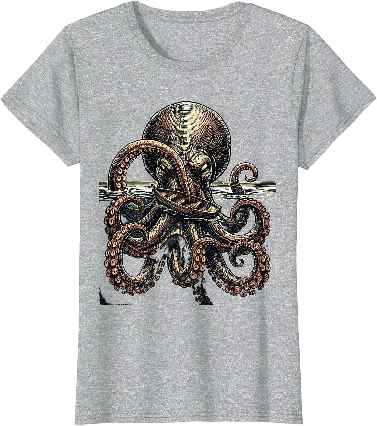 Kraken Domed Tentacle Vintage Octopus Lover Illustration T-Shirt - Heather Grey
