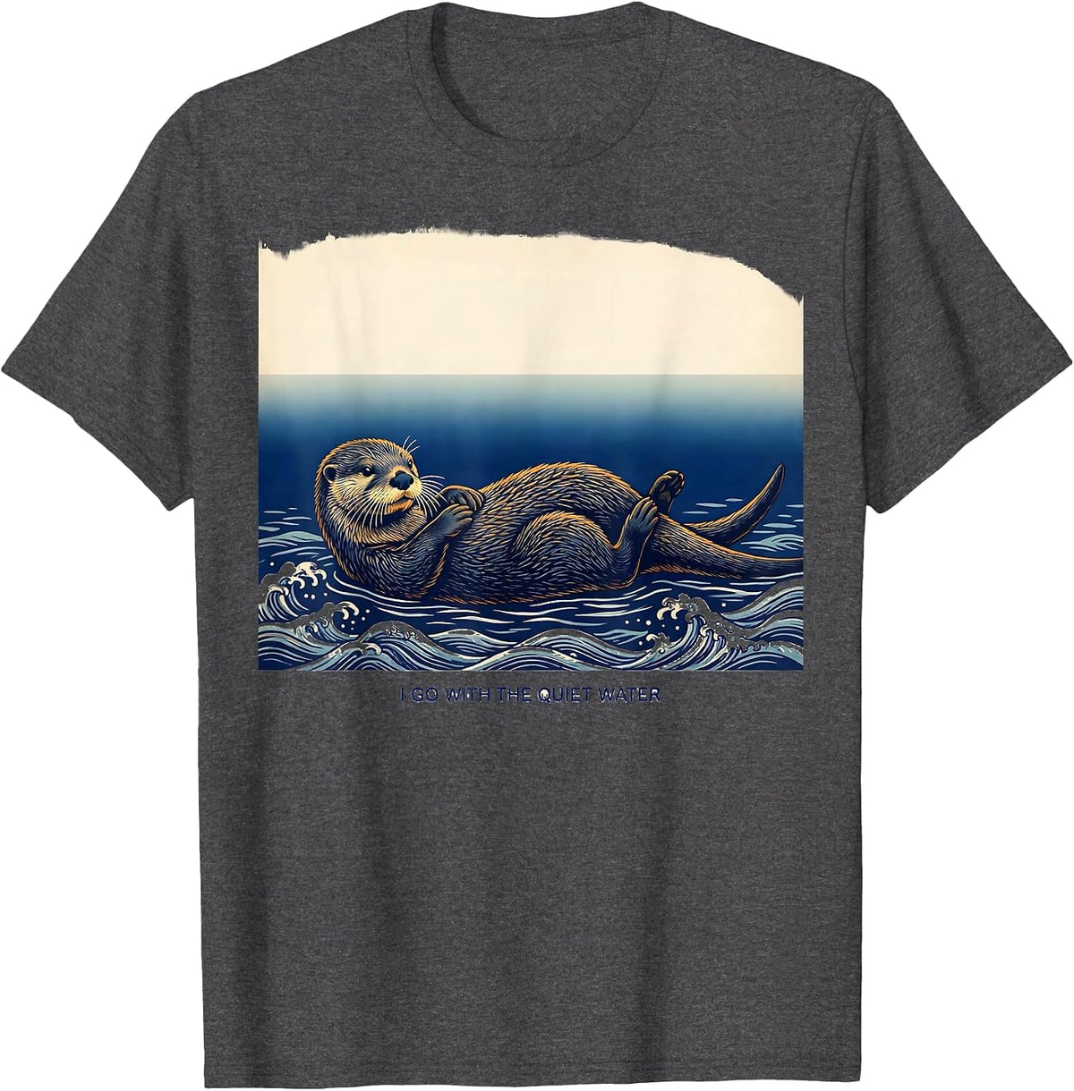 Men's I Go With The Quiet Water Ukiyo-e Otter Animal Lover Humor T-Shirt - Dark Heather Grey