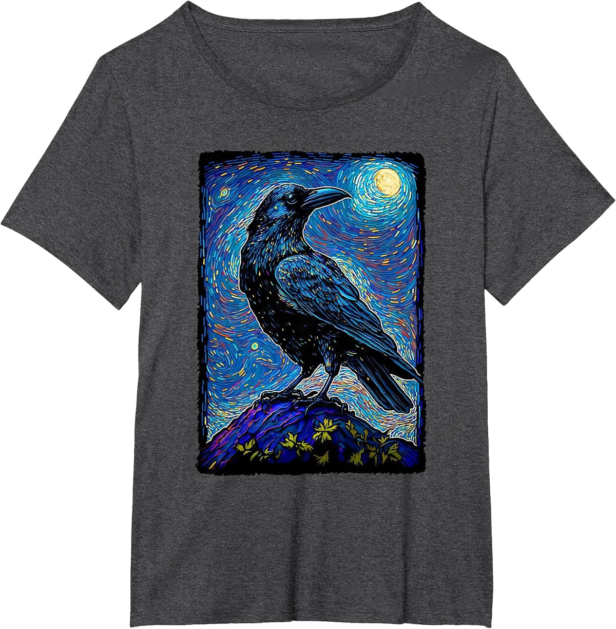 Raven Starry Night Style Painting, Van Gogh Crow Lover T-Shirt - Dark Heather Grey