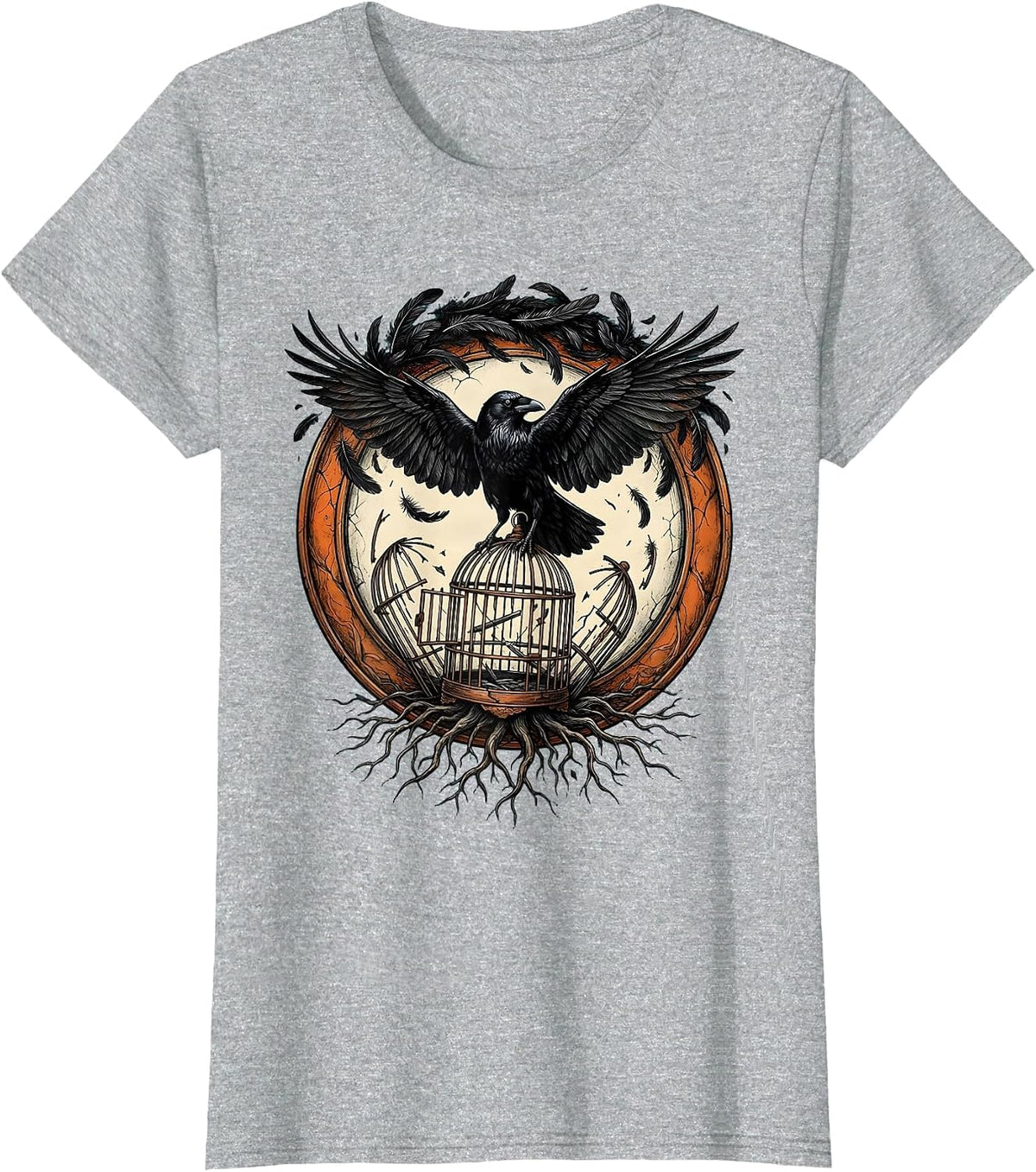 Crow Feathers Broken Cage Freedom Graphic T-Shirt - Heather Grey