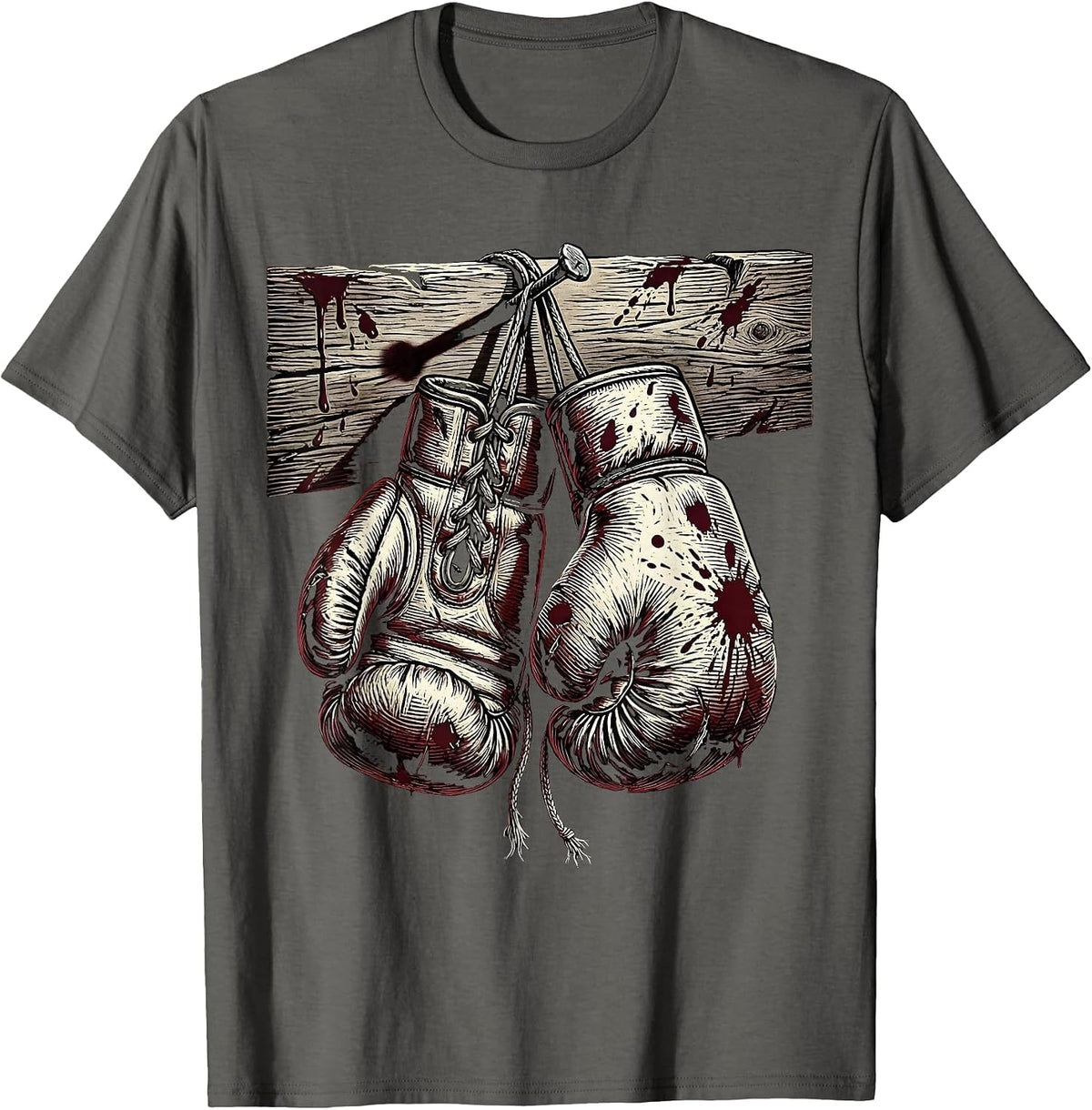 Men's Bloodied Boxing Gloves Hanging From Nail T-Shirt - Asphalt Grey