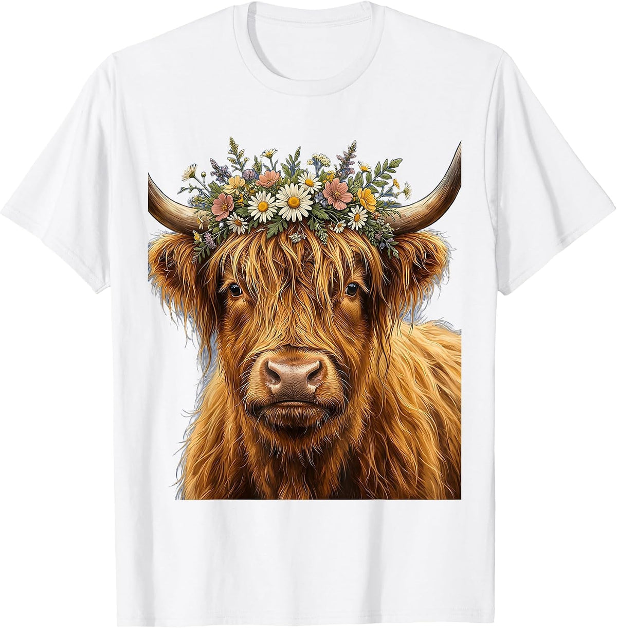 Highland Cow Flower Crown Illustration T-Shirt - White