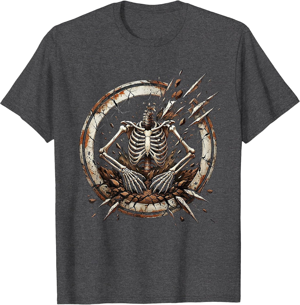 Grave Digger Skeleton Rising From Cracked Earth T-Shirt - Dark Heather Grey