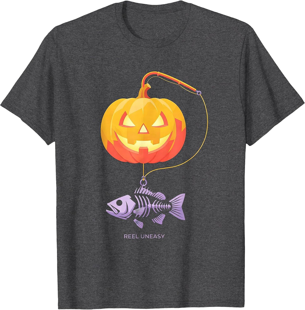Reel Uneasy Flat Vector Spooky Halloween Fishing Gift T-Shirt - Dark Heather Grey