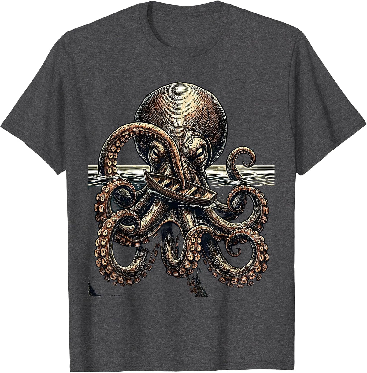 Kraken Domed Tentacle Vintage Octopus Lover Illustration T-Shirt - Dark Heather Grey