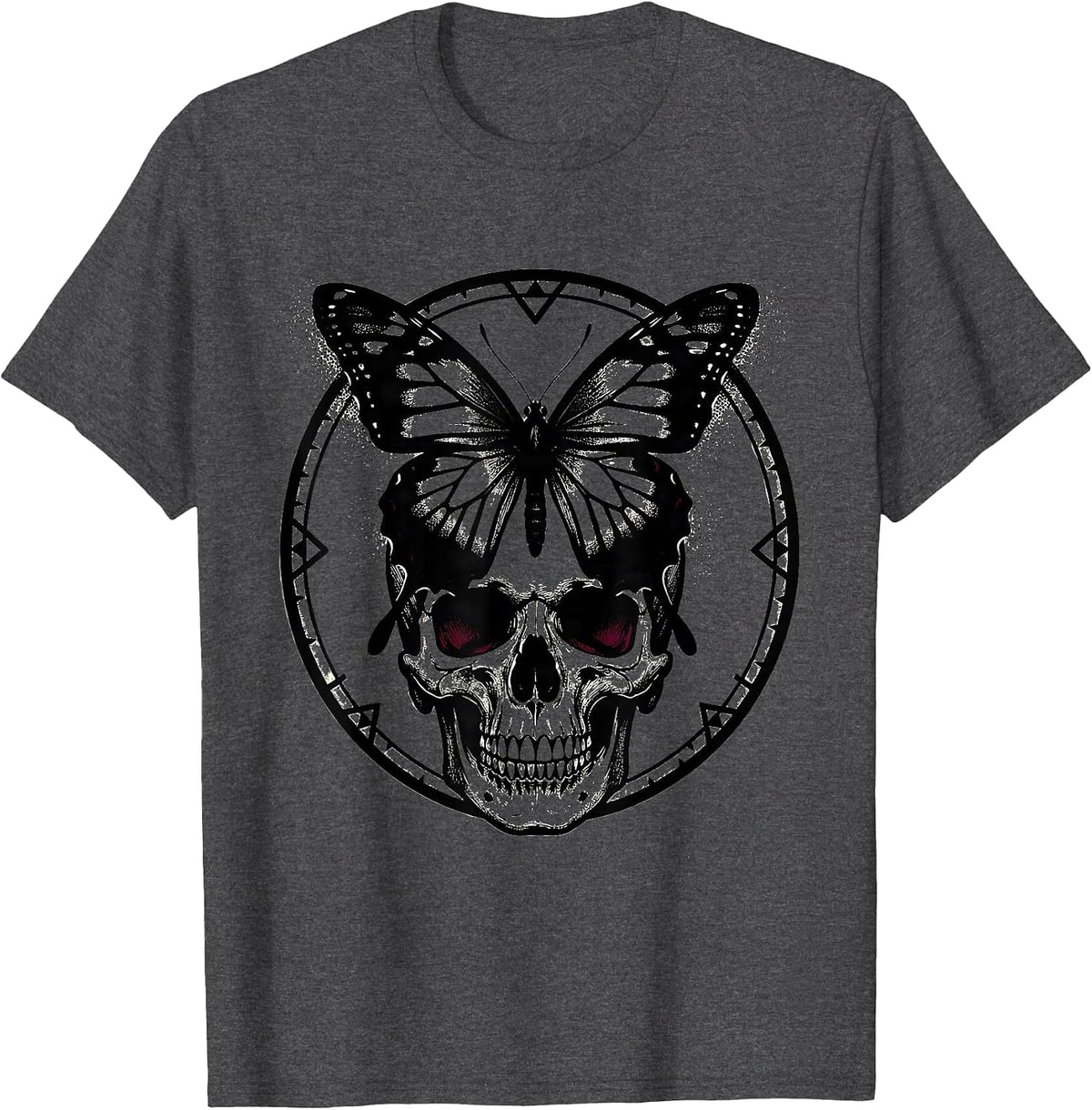 Emo Black Butterfly on Skull Graphic Design T-Shirt - Dark Heather Grey