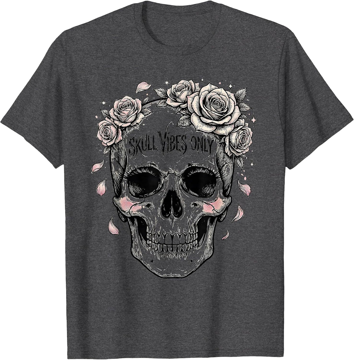 Skull Vibes Only Bold Graphic Design T-Shirt - Dark Heather Grey