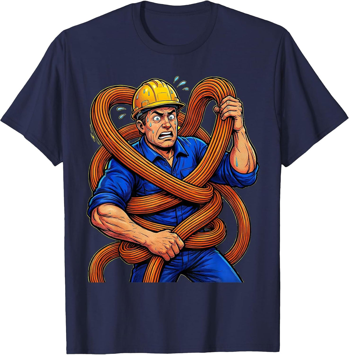 Electrician Tangled Extension Cord Funny Graphic T-Shirt - Navy Blue
