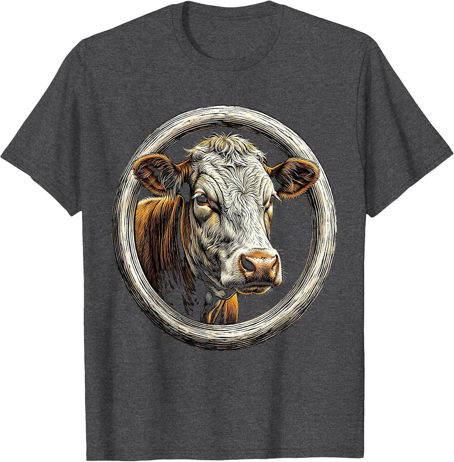Men's Vintage Badge Cow Portrait Illustration T-Shirt - Dark Heather Grey