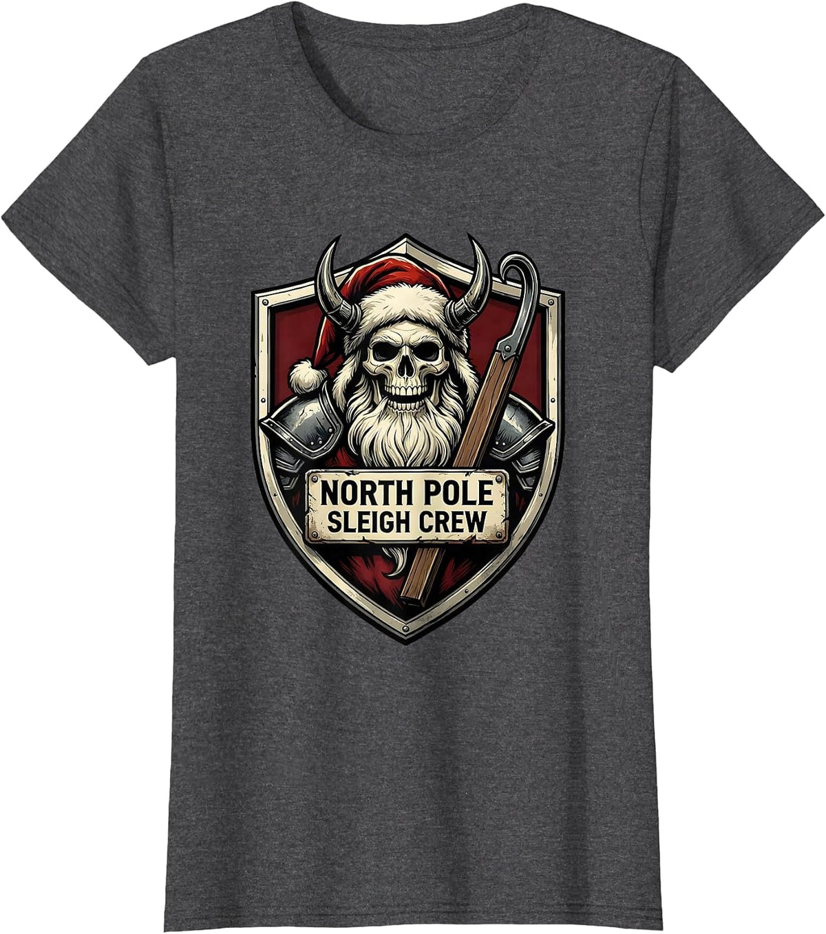 Women's North Pole Sleigh Crew Emblem Heavy Metal Santa Parody T-Shirt - Dark Heather Grey