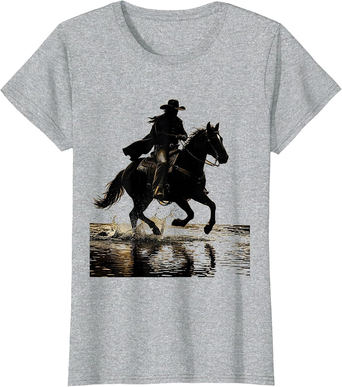 Cowboy Riding Horse Through River Crossing T-Shirt - Heather Grey