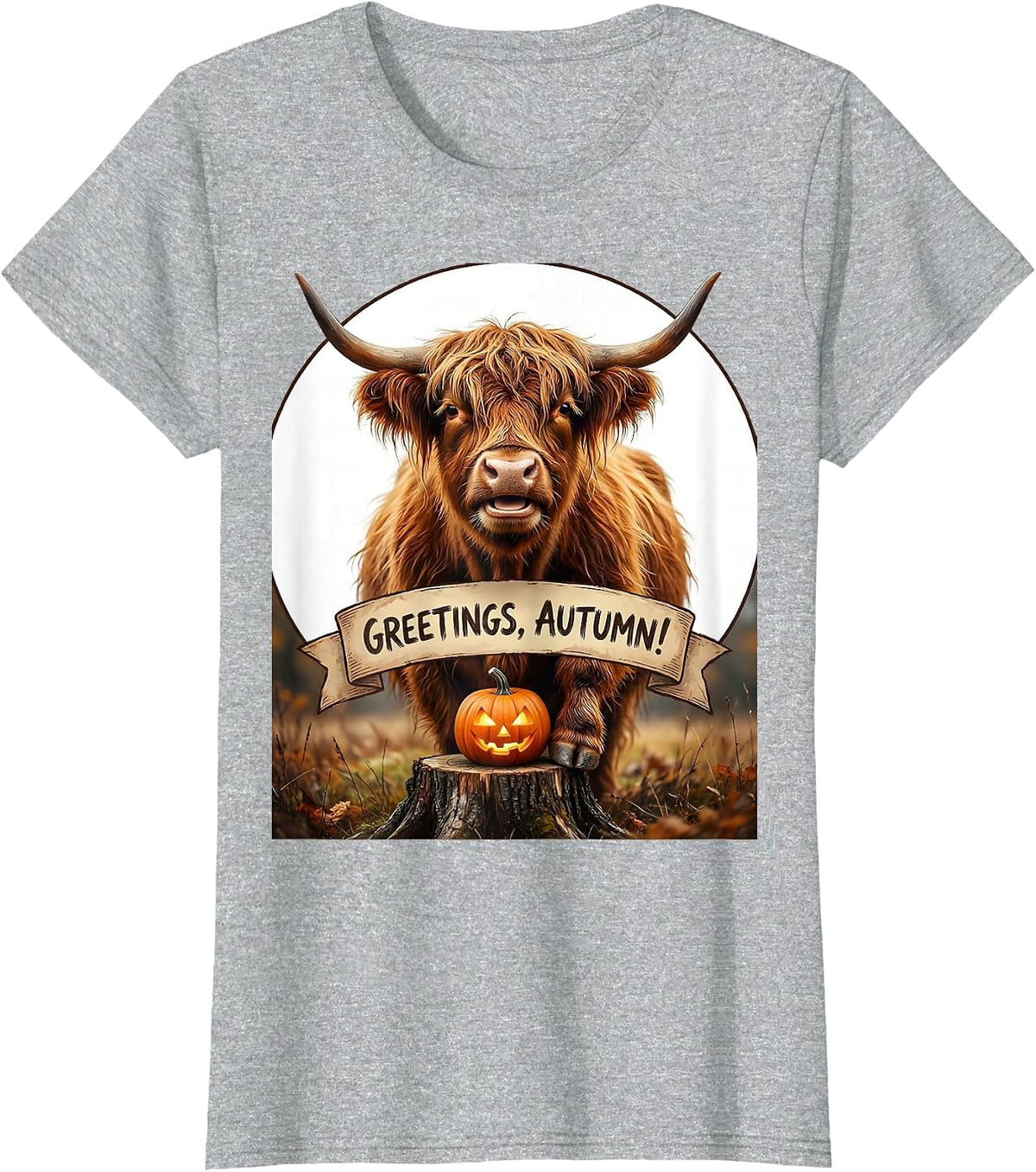 Greetings, Autumn! Whimsical Highland Cow Fall Halloween T-Shirt - Heather Grey