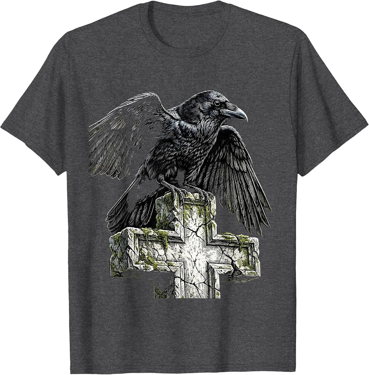 Men's Crow on Gravestone Cross Gothic Art Design T-Shirt - Dark Heather Grey