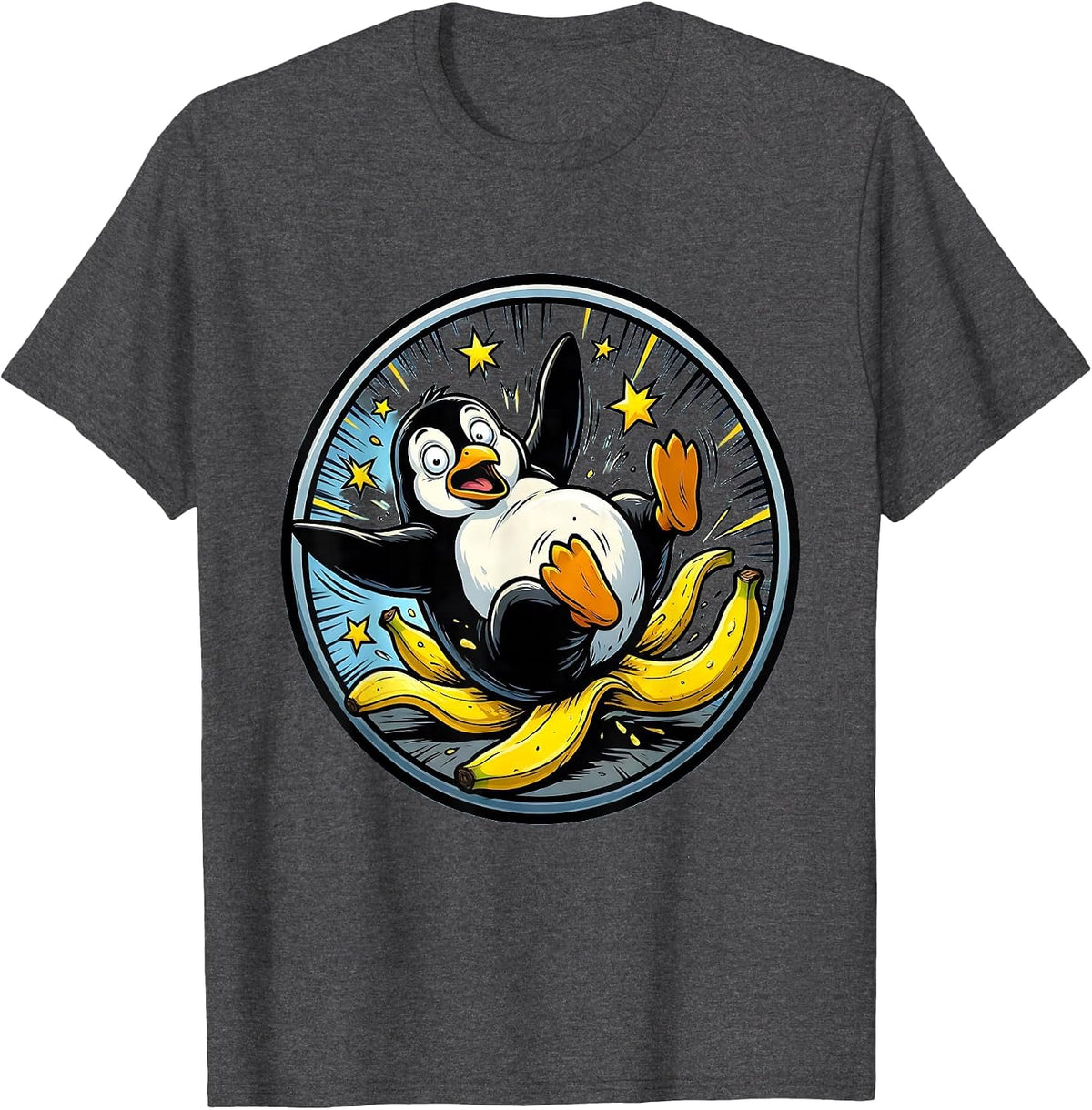 Derpy Penguin Slipping on Banana Peel T-Shirt - Dark Heather Grey