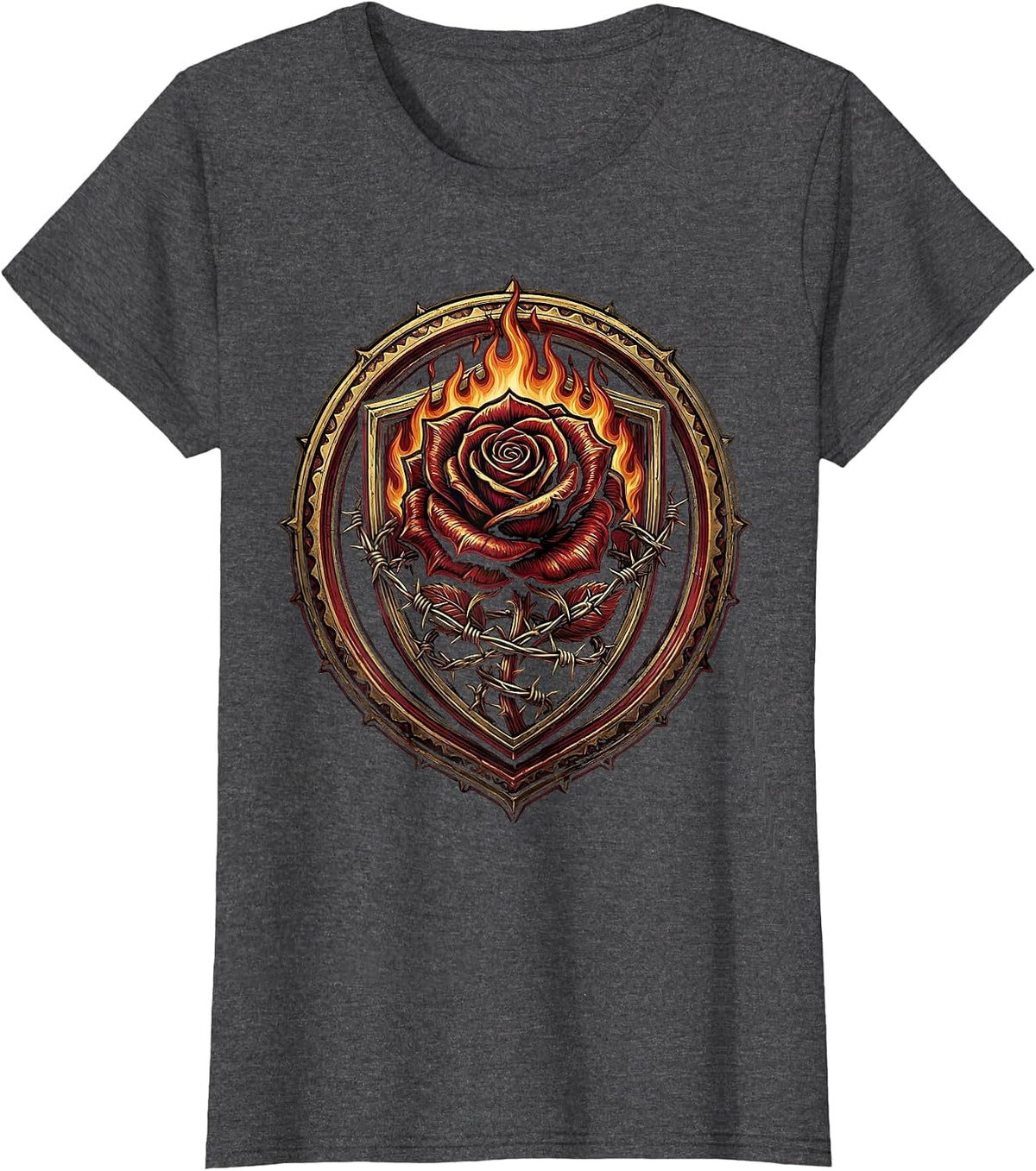 Women's Burning Rose Barbed Wire Metal Band Graphic T-Shirt - Dark Heather Grey
