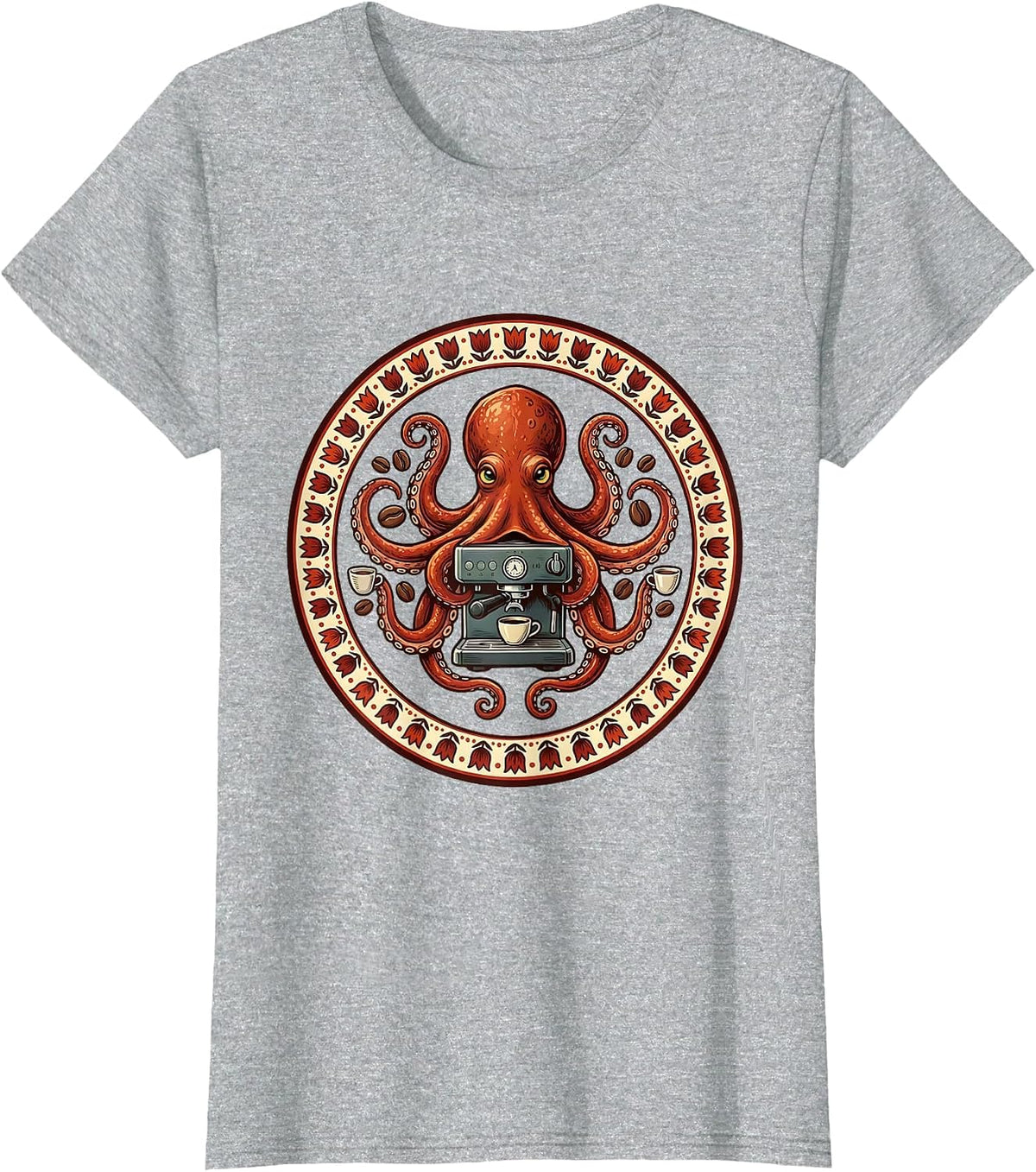 Women's Octopus Barista Espresso Machine Coffee Art T-Shirt - Heather Grey