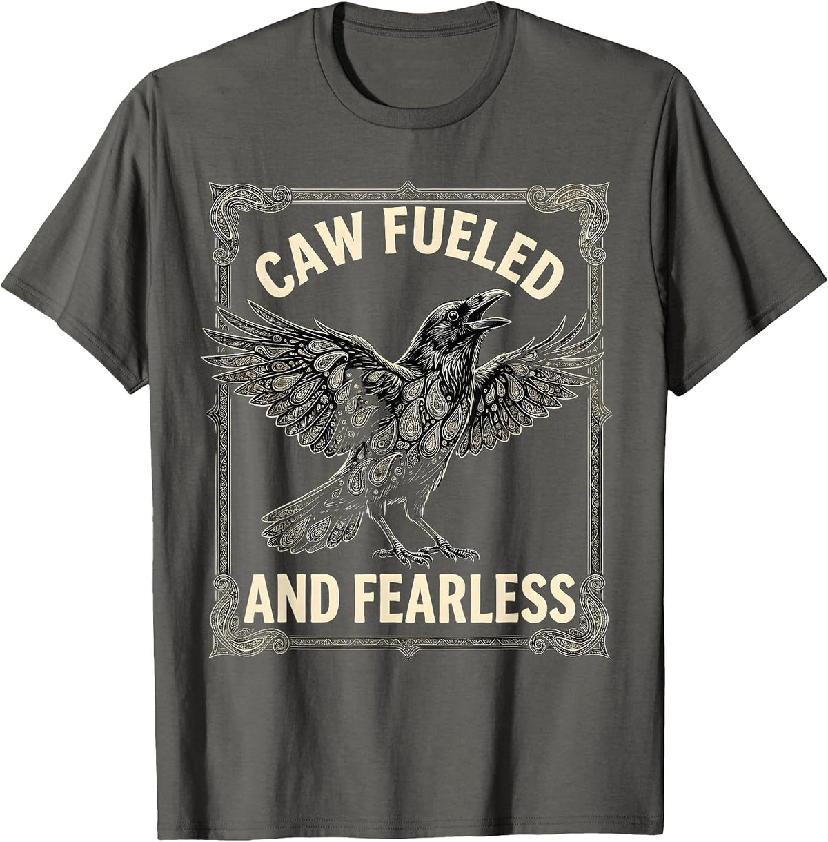 Men's Caw Fueled and Fearless Bold Crow Design T-Shirt - Asphalt Grey