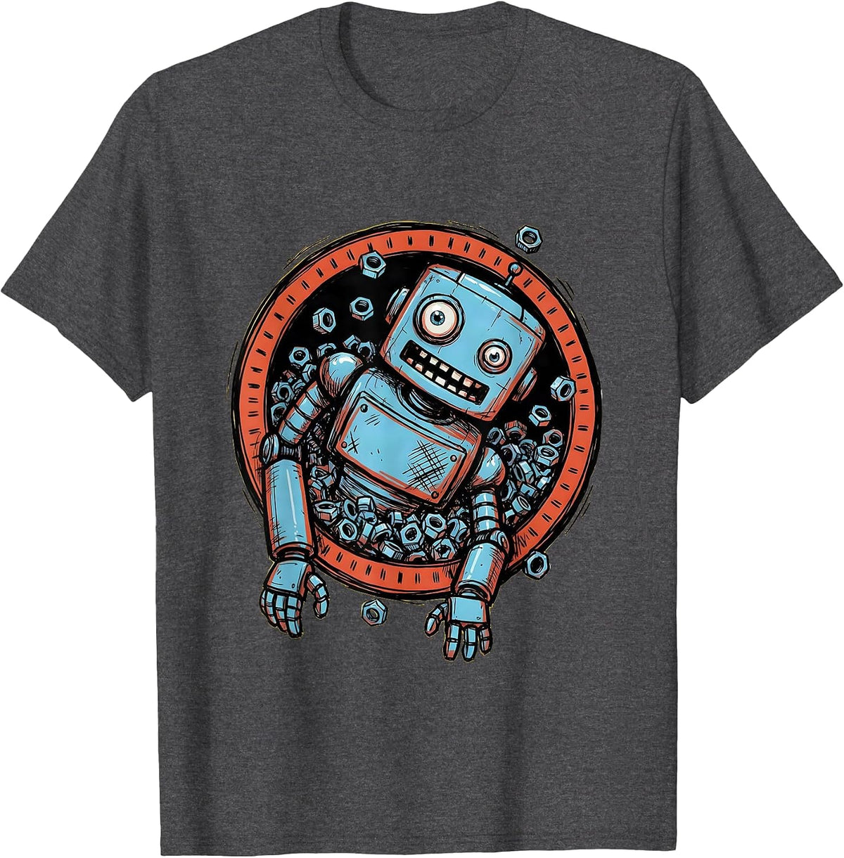 Men's Derpy Robot Spilling Bolts Funny Illustration T-Shirt - Dark Heather Grey