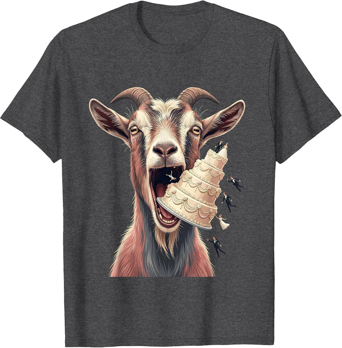 Goat Eating Wedding Cake Funny Animal Illustration T-Shirt - Dark Heather Grey