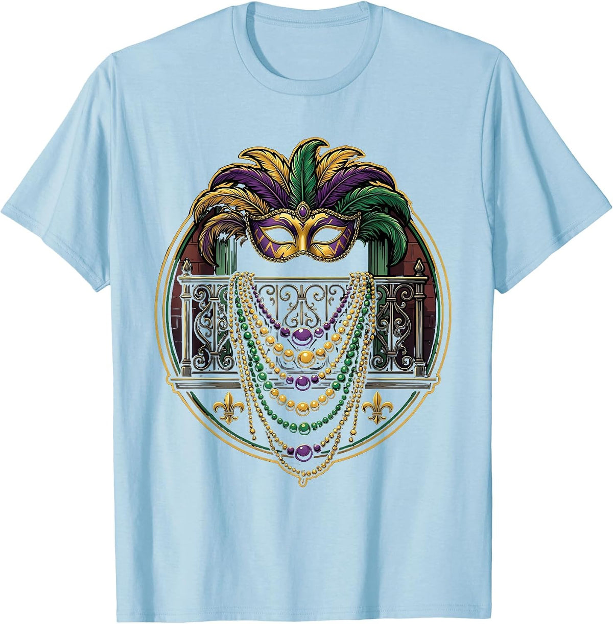 Men's Mardi Gras Bourbon Street Balcony Beads Design T-Shirt - Baby Blue