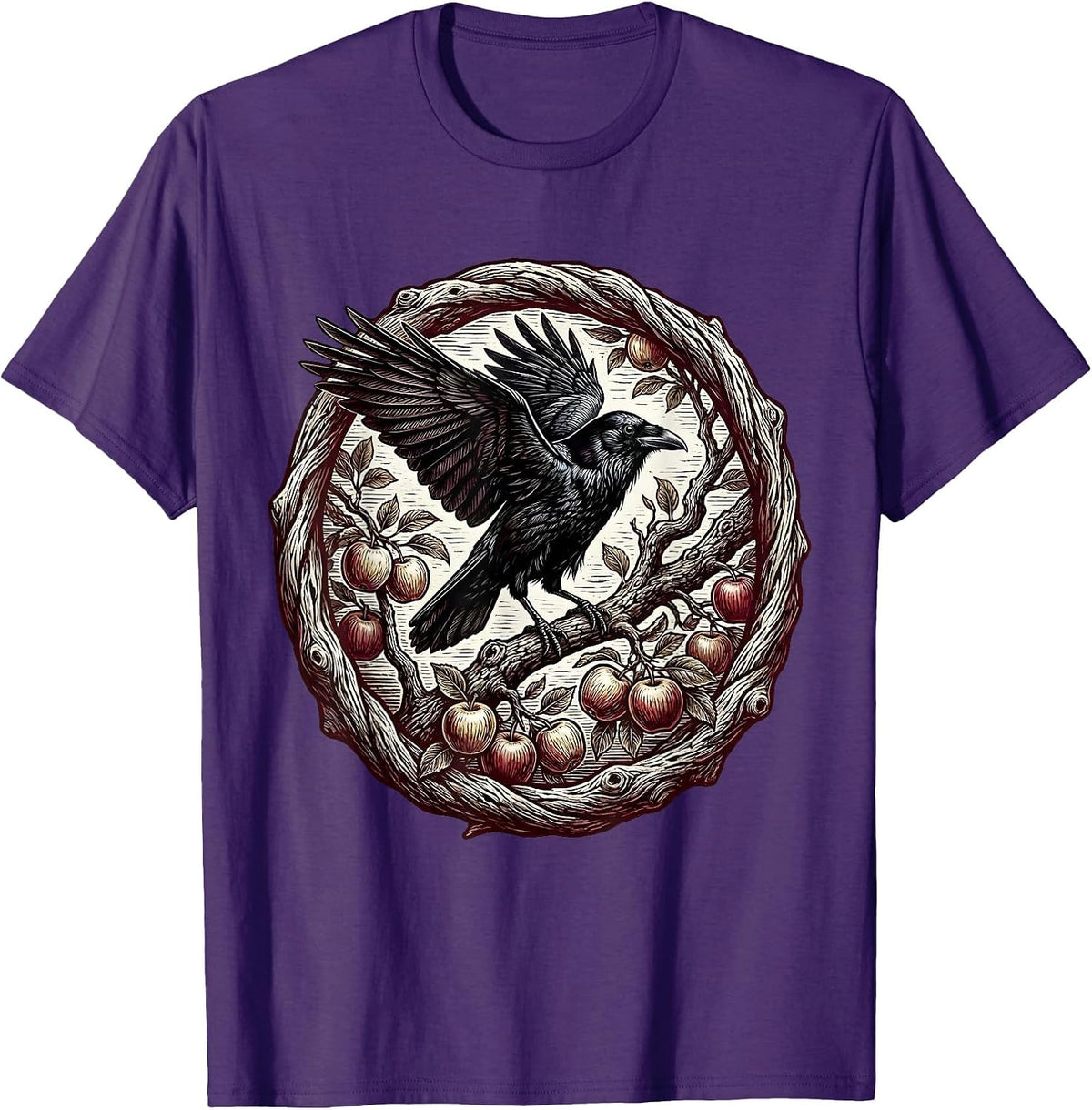 Men's Crow on Apple Branch Fall Harvest Illustration T-Shirt - Purple