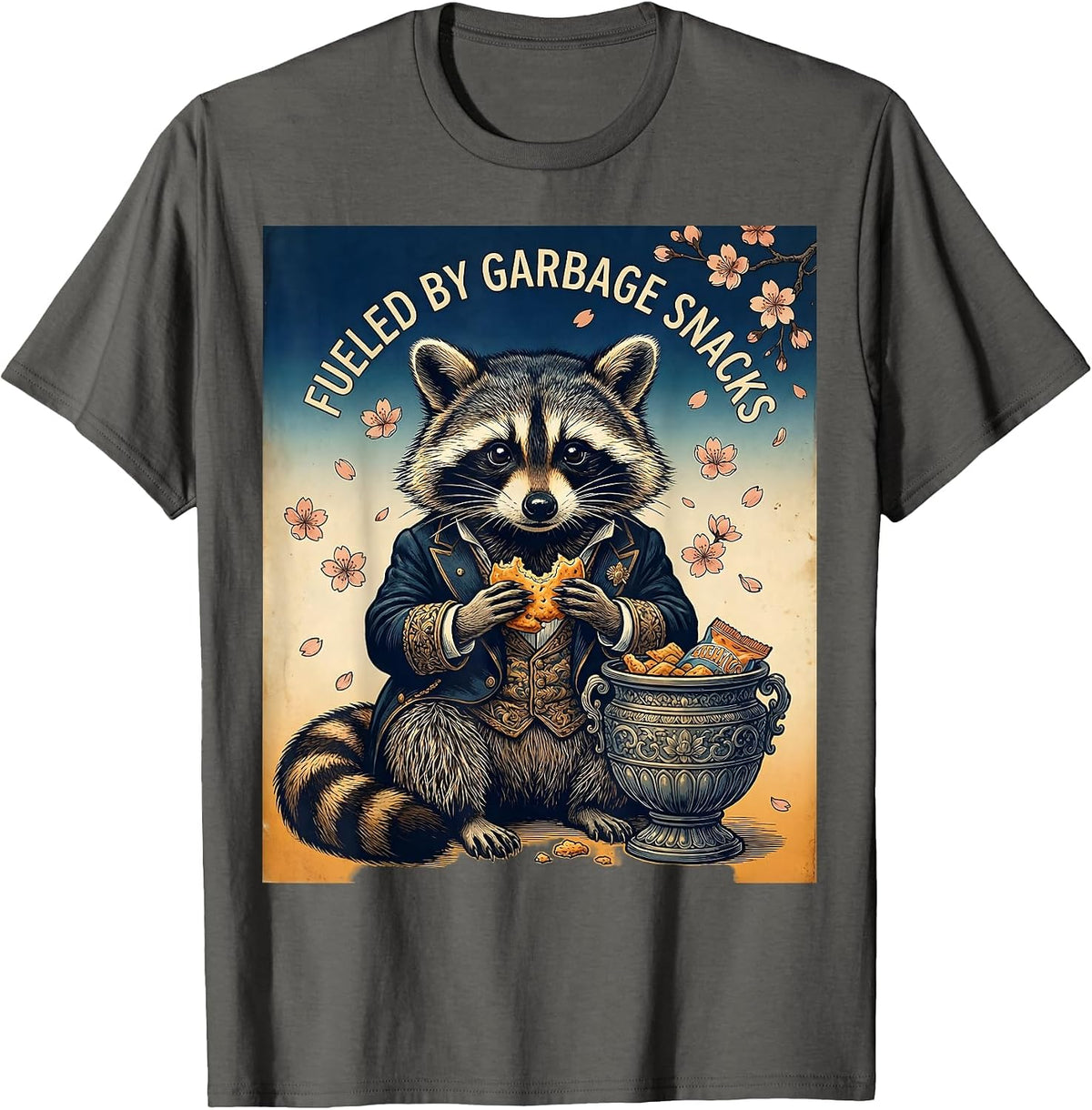 Fueled By Garbage Snacks Raccoon Design T-Shirt - Asphalt Grey