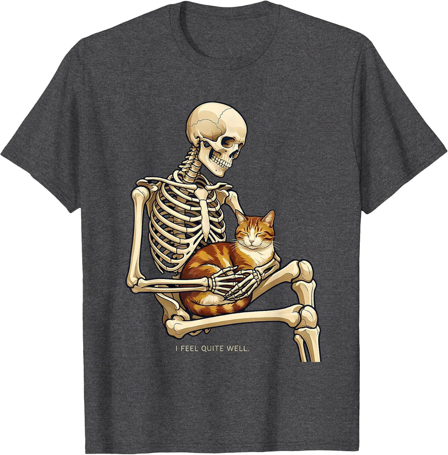 Men's I Feel Quite Well Funny Skeleton Hugging Cat Halloween Cat T-Shirt - Dark Heather Grey