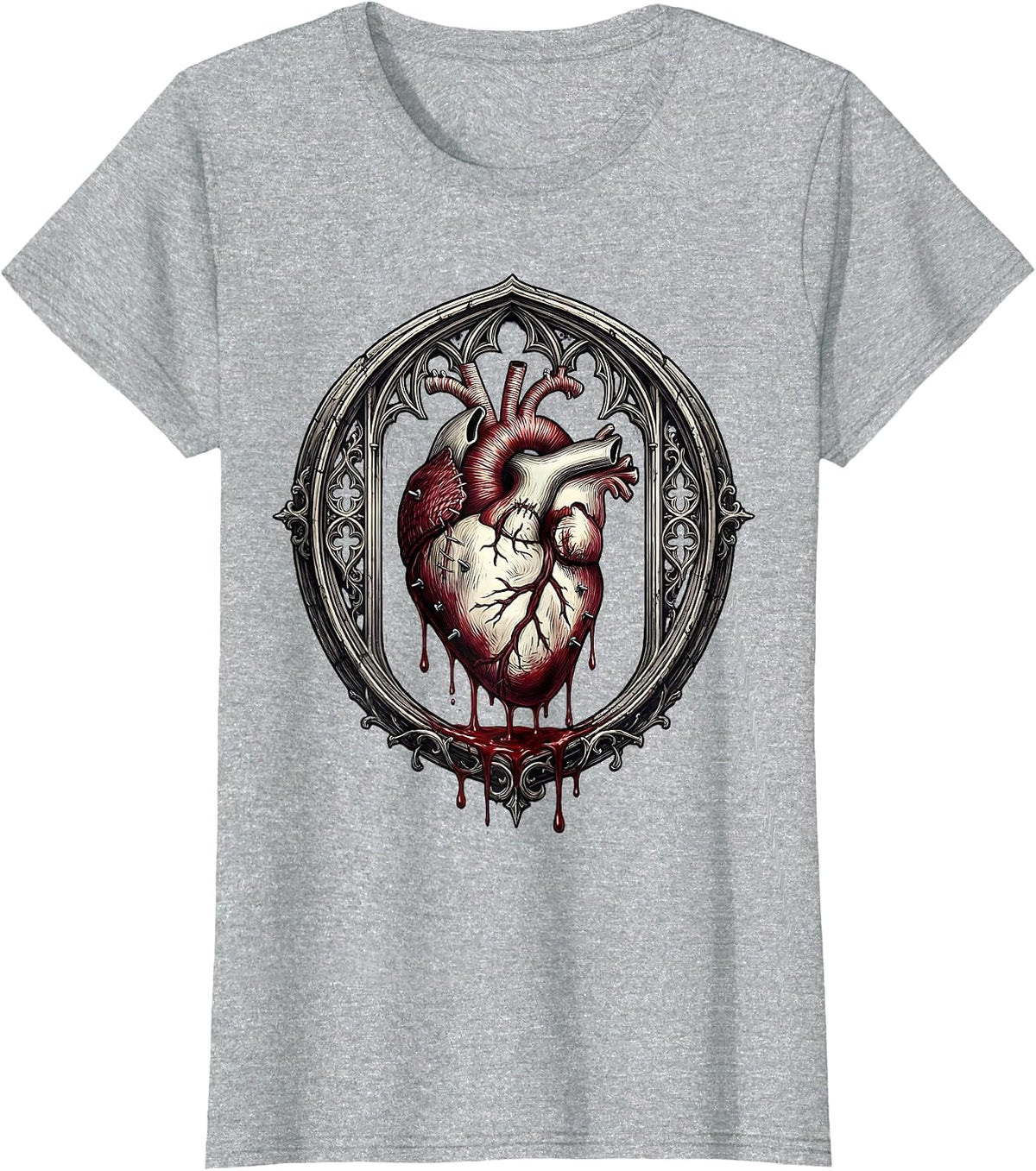 Bloody Stitched Heart Gothic Dark Art Design T-Shirt - Heather Grey