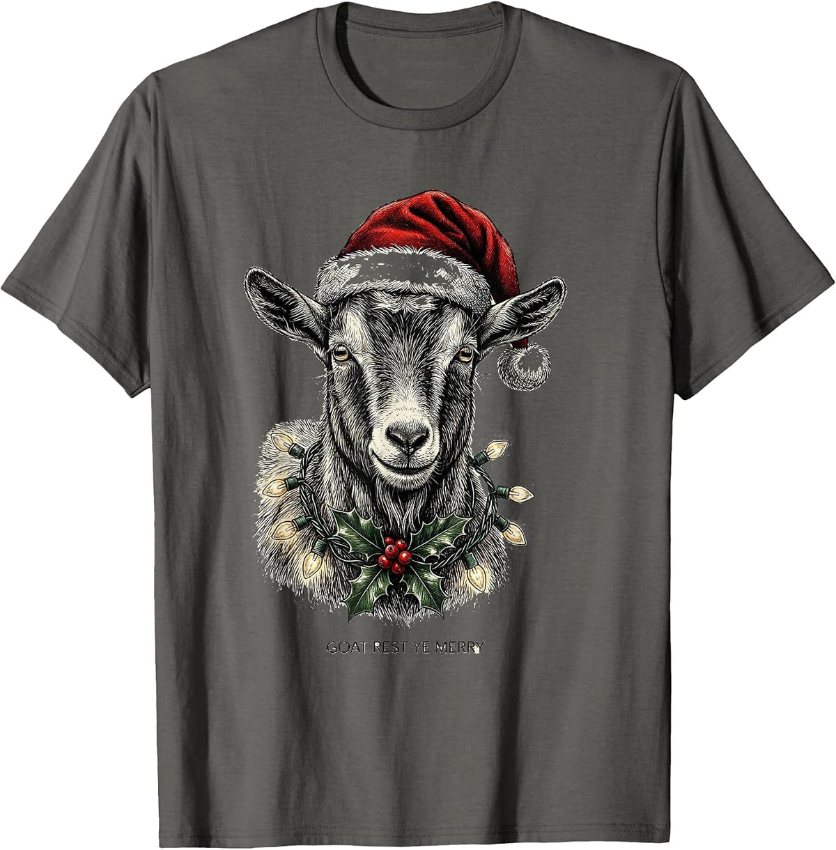 Men's Goat Rest Ye Merry Funny Animal Christmas Lights Costume T-Shirt - Asphalt Grey