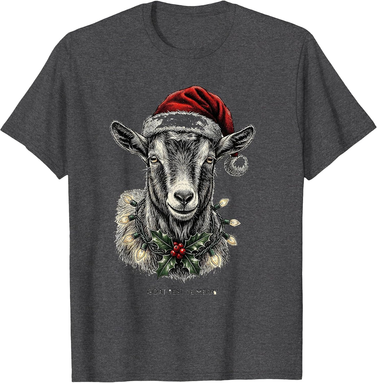 Men's Goat Rest Ye Merry Funny Animal Christmas Lights Costume T-Shirt - Dark Heather Grey