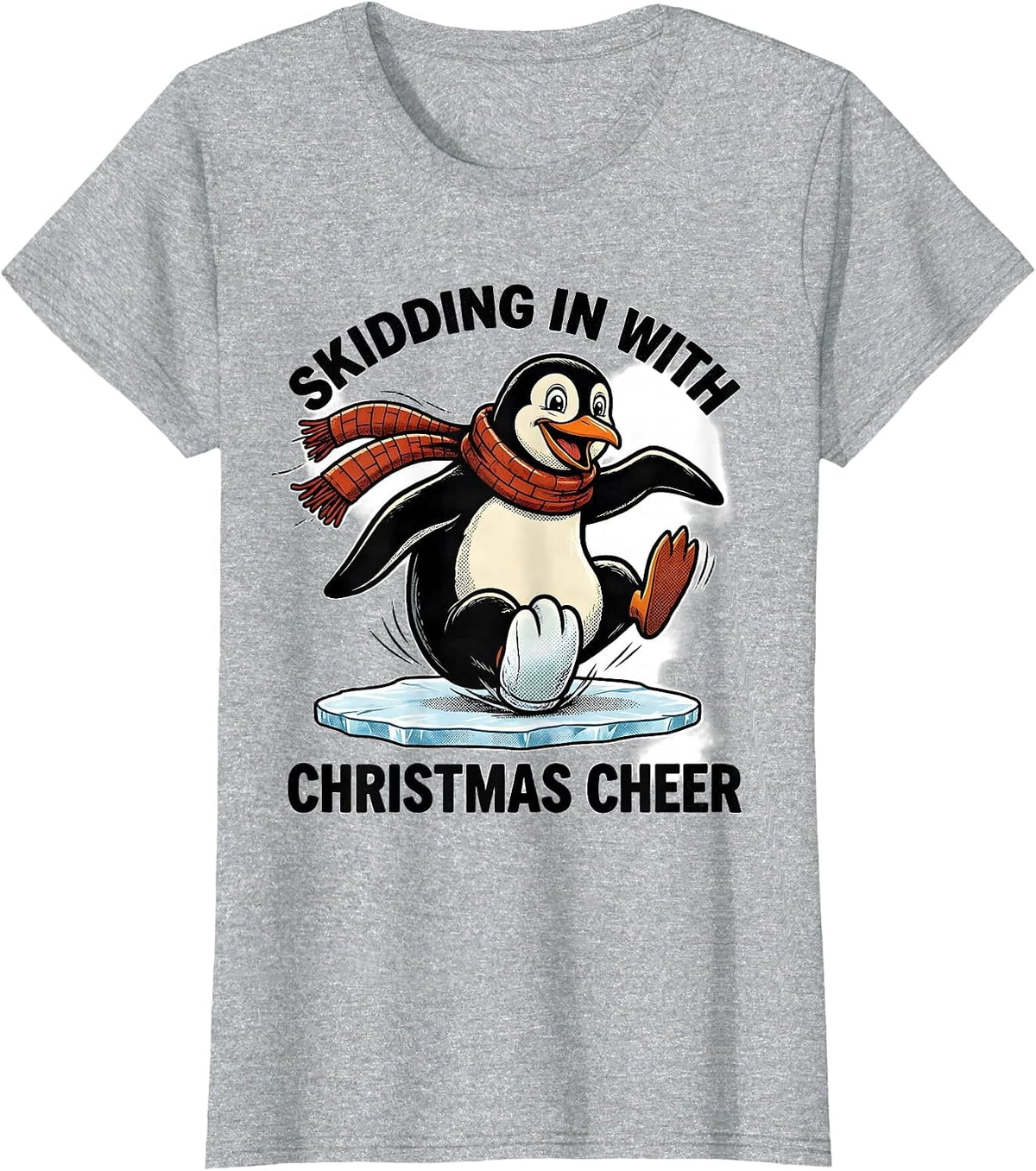 Women's Skidding In With Christmas Cheer Retro Cartoon Penguin Lover T-Shirt - Heather Grey