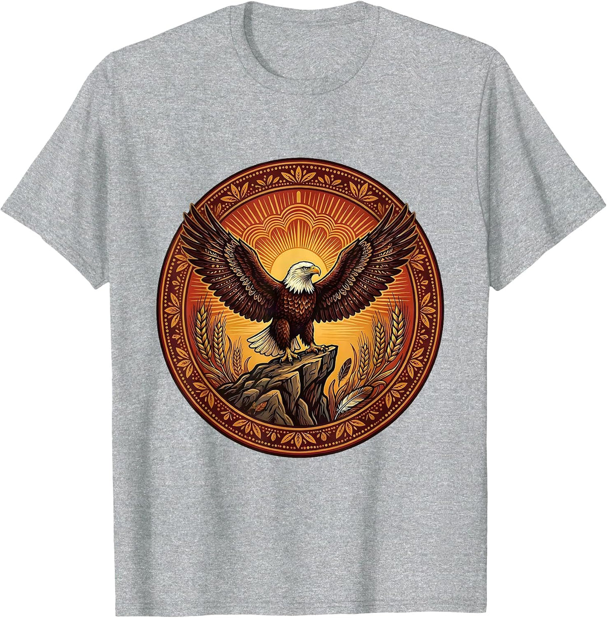 Men's Bald Eagle Cliff Sunrise Thanksgiving Design T-Shirt - Heather Grey