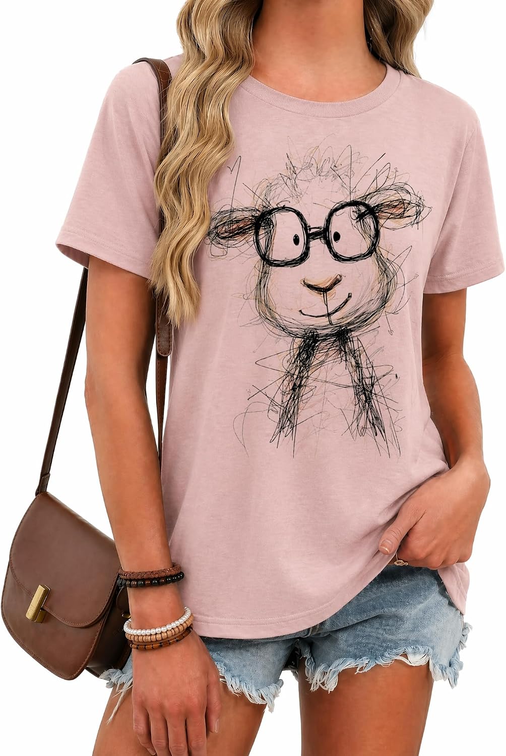 Women's Animal Graphic Tee: Funny Vintage Print T-Shirt, Summer Cotton Casual Top - Sheep-dusty Pink