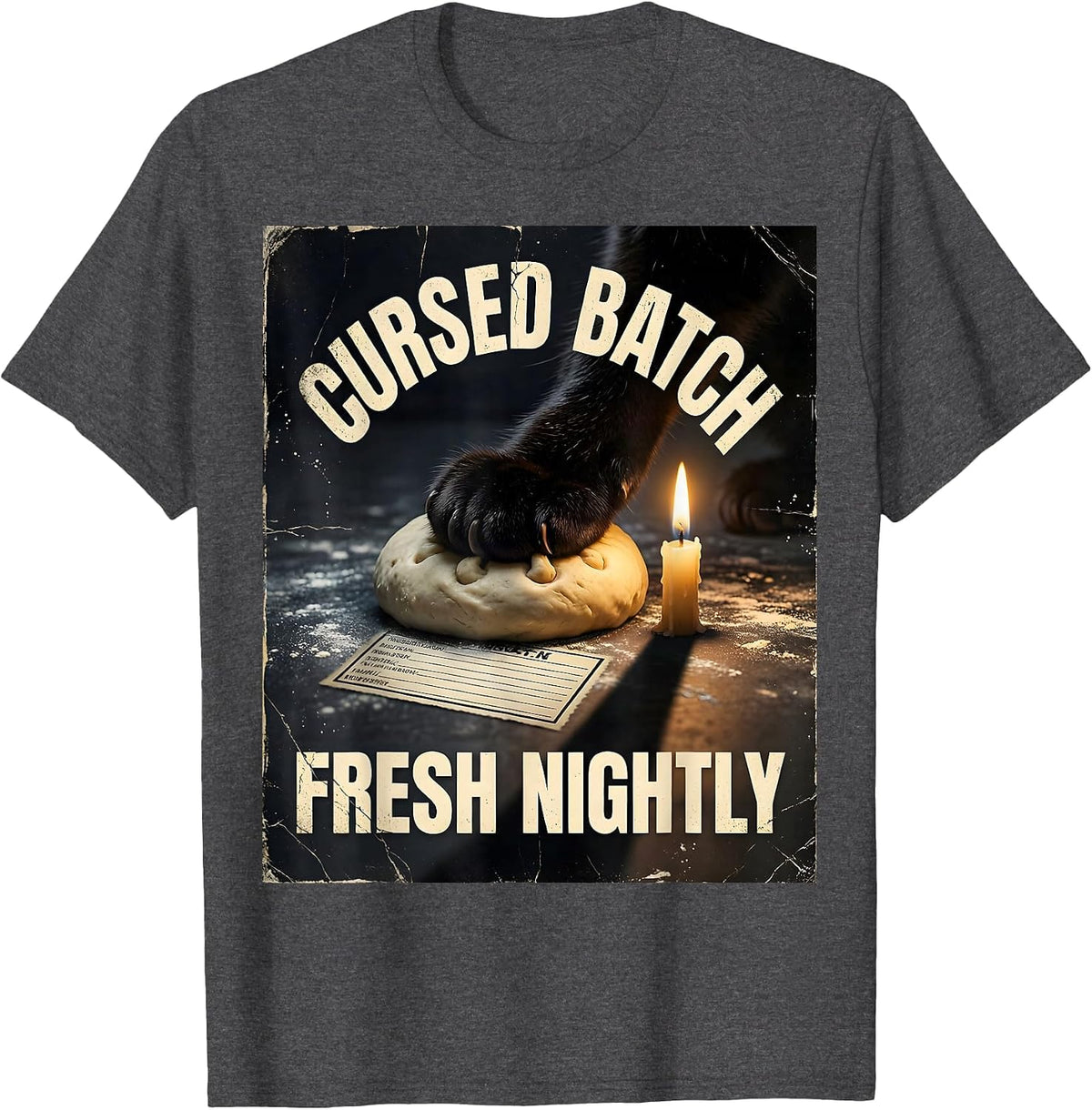 Men's Cursed Batch Fresh Nightly Distressed Black Cat Bakery Humor T-Shirt - Dark Heather Grey