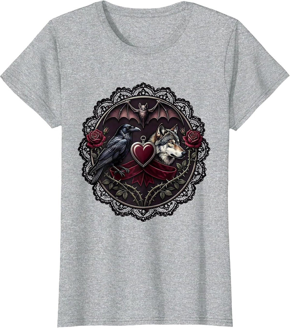 Women's Crow and Wolf Side by Side Wildlife Art Design T-Shirt - Heather Grey