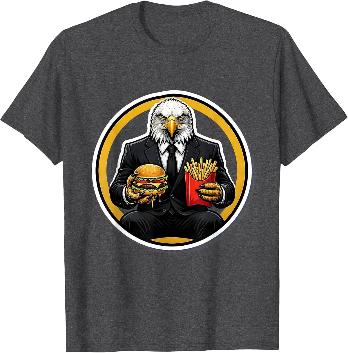 Bald Eagle Fast Food Business Suit Funny Graphic T-Shirt - Dark Heather Grey