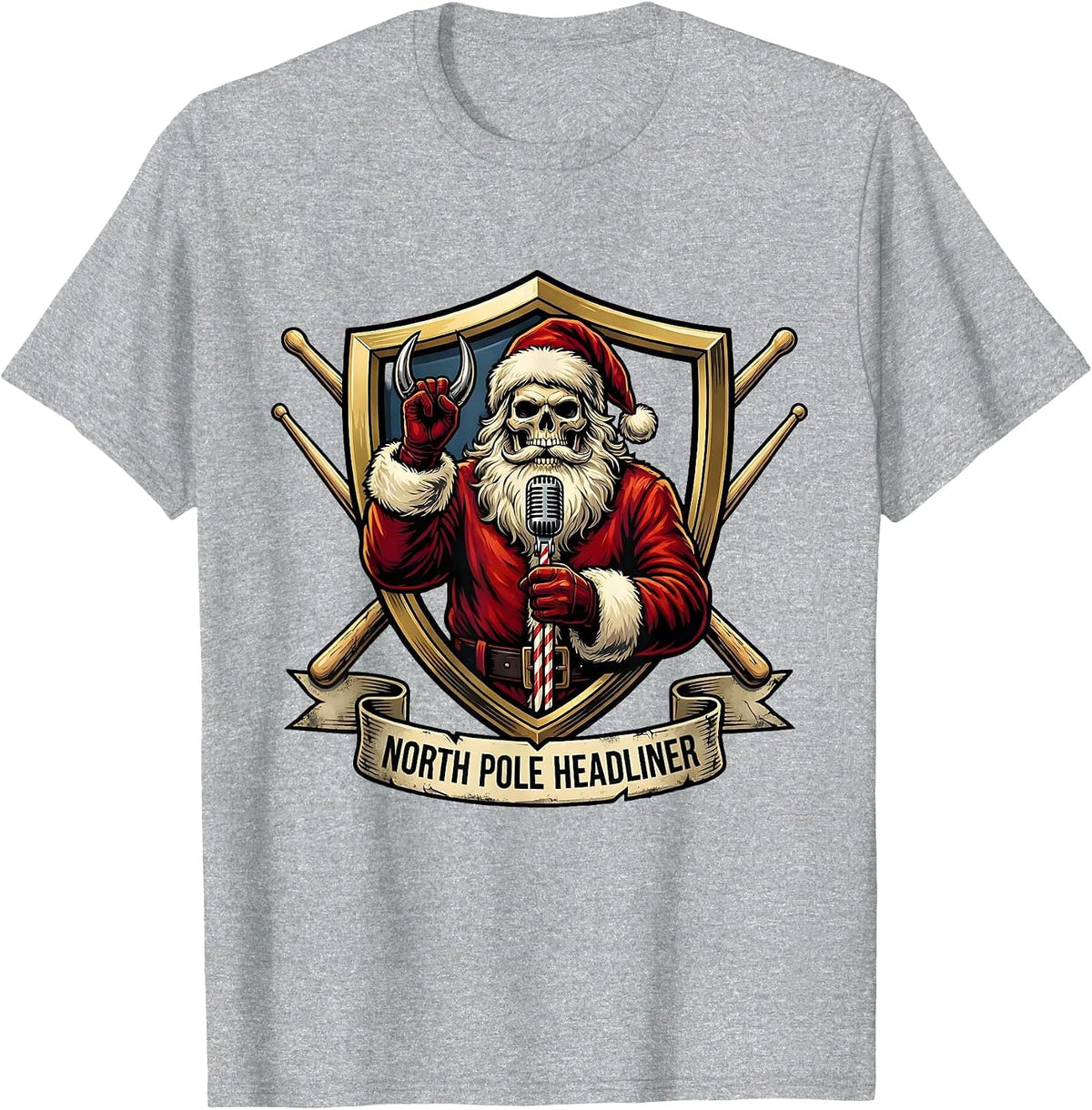 Men's North Pole Headliner Heavy Metal Santa Rock On Christmas T-Shirt - Heather Grey